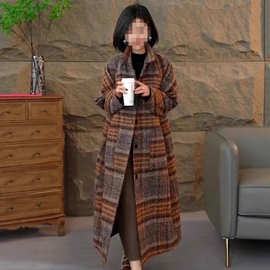 秋冬季新款韩版时尚翻领气质格子毛呢外套宽松减龄显瘦呢子大衣女