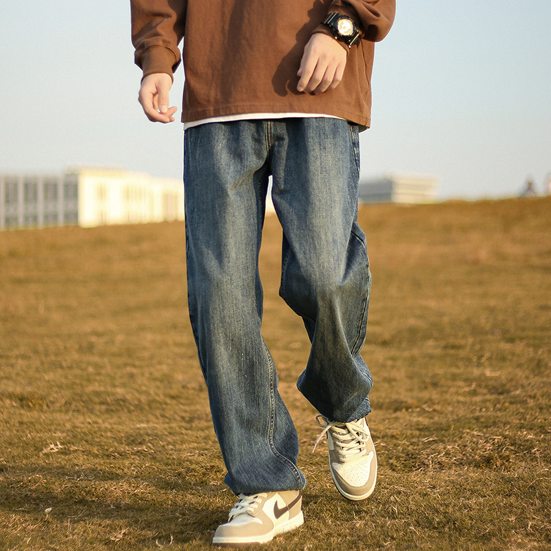 Straight Retro Washed Jeans for Men, New Spring Style, American High Street Fashion Brand, Loose Casual Wide-Leg Long Pants