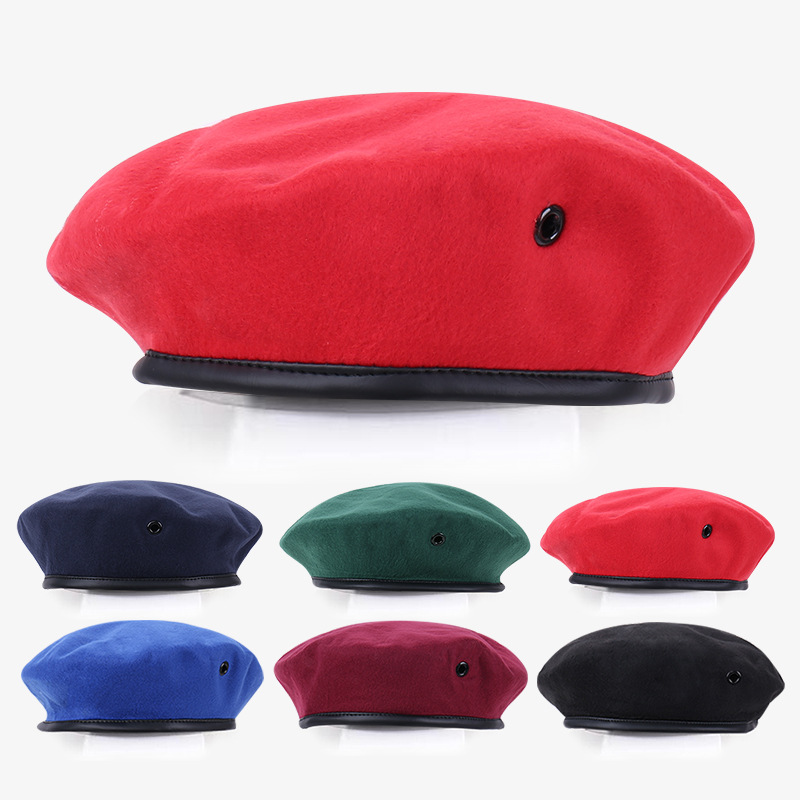新款纯色大帽檐毛呢蓓蕾军帽羊毛贝雷帽保安批发现货亚马逊可定作
