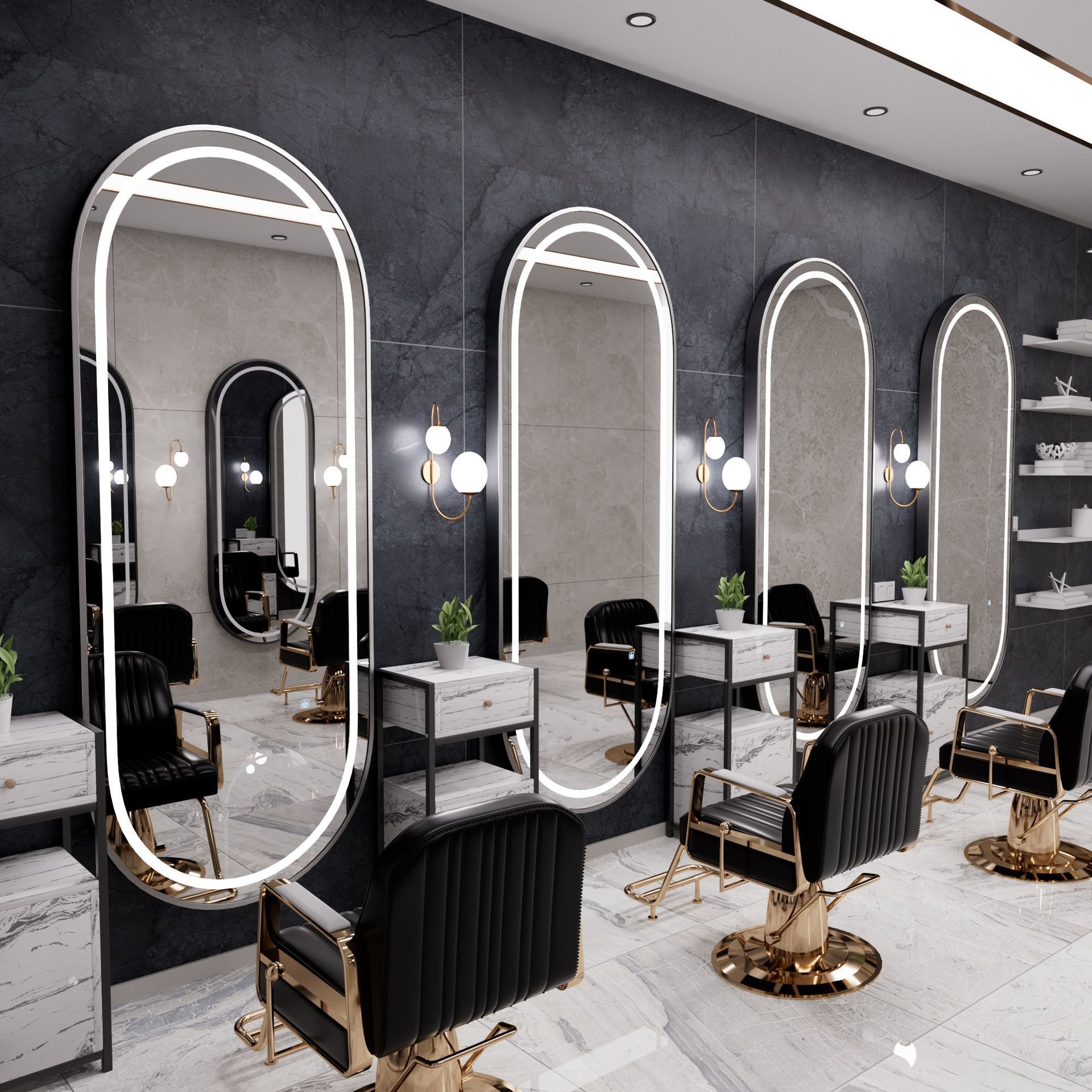 Barbería espejo salón especial barbería escaldar y teñir espejo con lámpara LED elíptica pared colgante suelo espejo de corte de pelo de lujo ligero