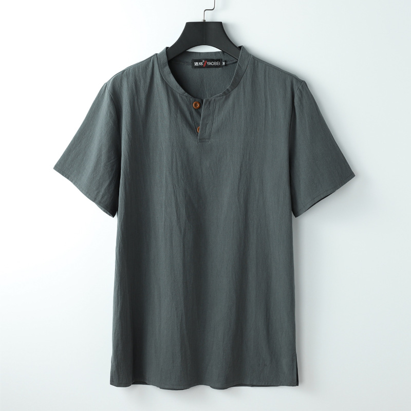 大きいサイズのメンズ中国風スリットスタンドカラー半袖ファットコットンとリネンの夏のTシャツルーズリネンVネック半袖|undefined