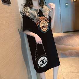 网红拼接娃娃领短袖t恤裙女夏ins新款2021韩版宽松大码长款连衣裙