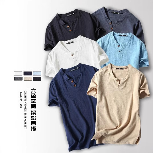 2025 Summer New Style Japanese Style Linen Men's Short-Sleeved T-Shirt Cotton and Linen Half-Sleeved Pure Color Large Size Two-Button T-Shirt Wholesale