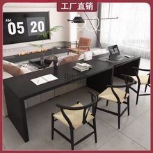 W|极简黑色客厅双人实木书桌家用超长沙发后靠长条桌学习桌椅组合
