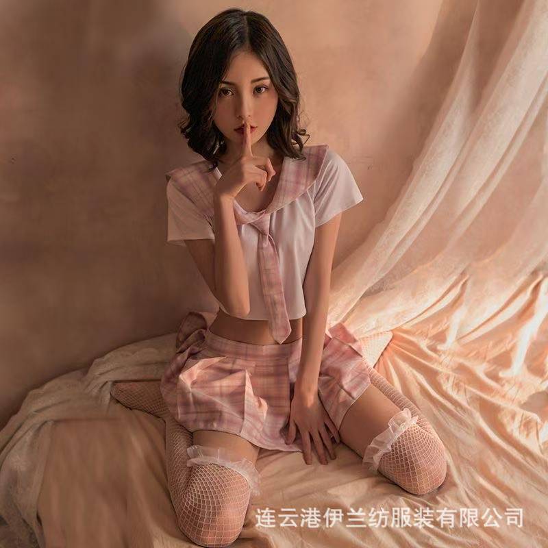 Japanese Academy Student Role-Play Costume Set with Plaid Mini Skirt and Fishnet Stockings — detail image 3