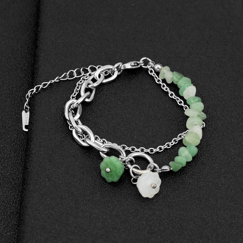 Green Dongling Jade Gravel Stitching Titanium Steel Bracelet Neutral Wind ins National Tide Couple Bracelet Original Design High Sense