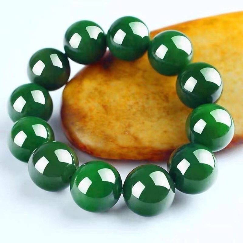 Outer Mongolian Material Hetian Jasper Color Bracelet Spinach Green Jade Round Beads Taiwan Green Jade Color Buddha Bead Jade Bracelet