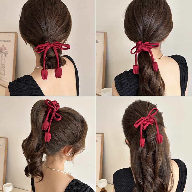 Francés punto de onda gris negro arco de bolas de cabello de bolas de cabello de alta elasticidad correa de cabello joyas de cabello