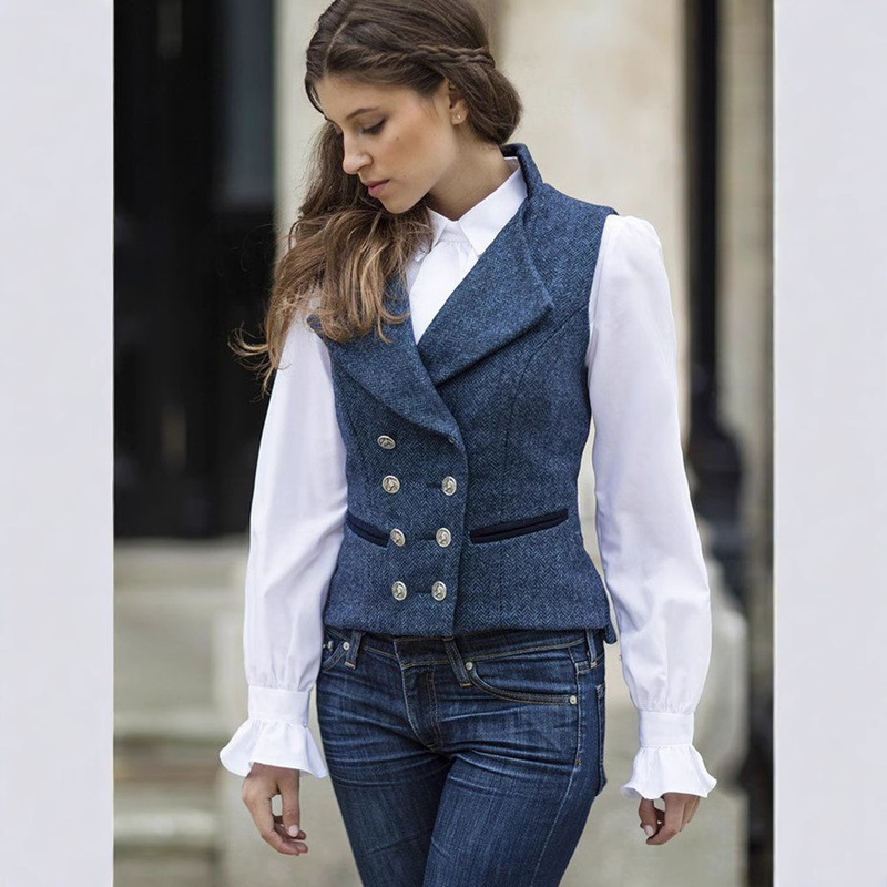 Cross-border Hot Spring Double-breasted Vintage Herringbone Women's Vest Slim-fit Slimming Short Suit Vest 89