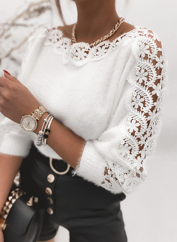 V-Neck Lace Stitching Solid Color Long-Sleeved Sweater NSPZN105095