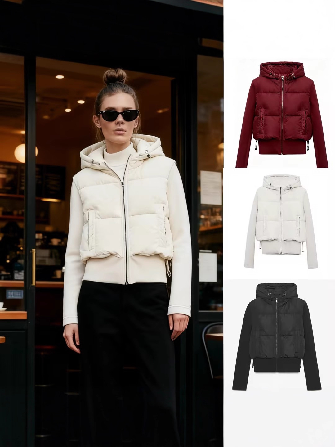 Cross-Border Exclusive 2025 Autumn and Winter New European and American Style Hooded Waist-Cinching Cotton Jacket Lightweight Hooded Spliced Jacket