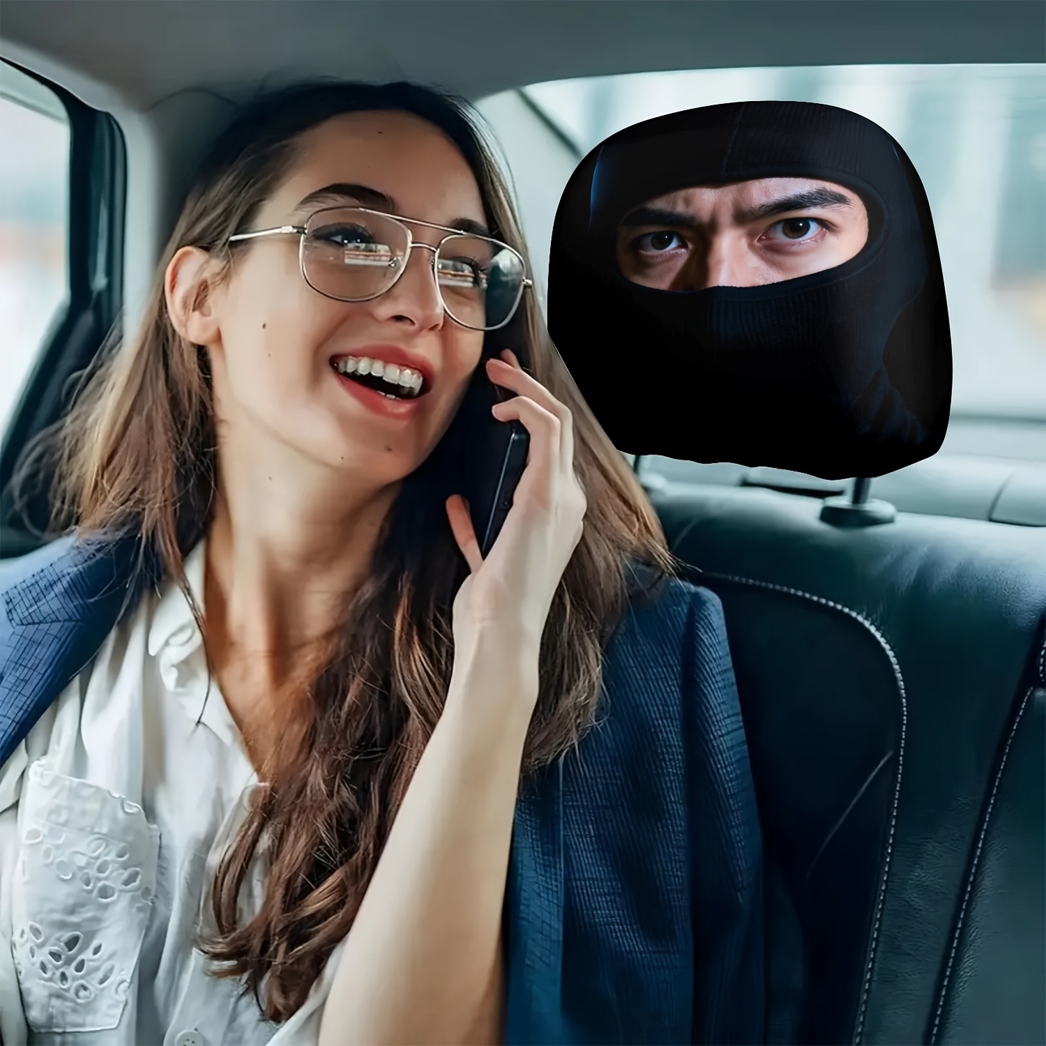 Car Headrest Cover with a Cold Mask Print of Mysterious Eyes, Can Be Customized with Labels and Drop-Shipped, Made from Your Provided Image, a Cross-Border Hot Item