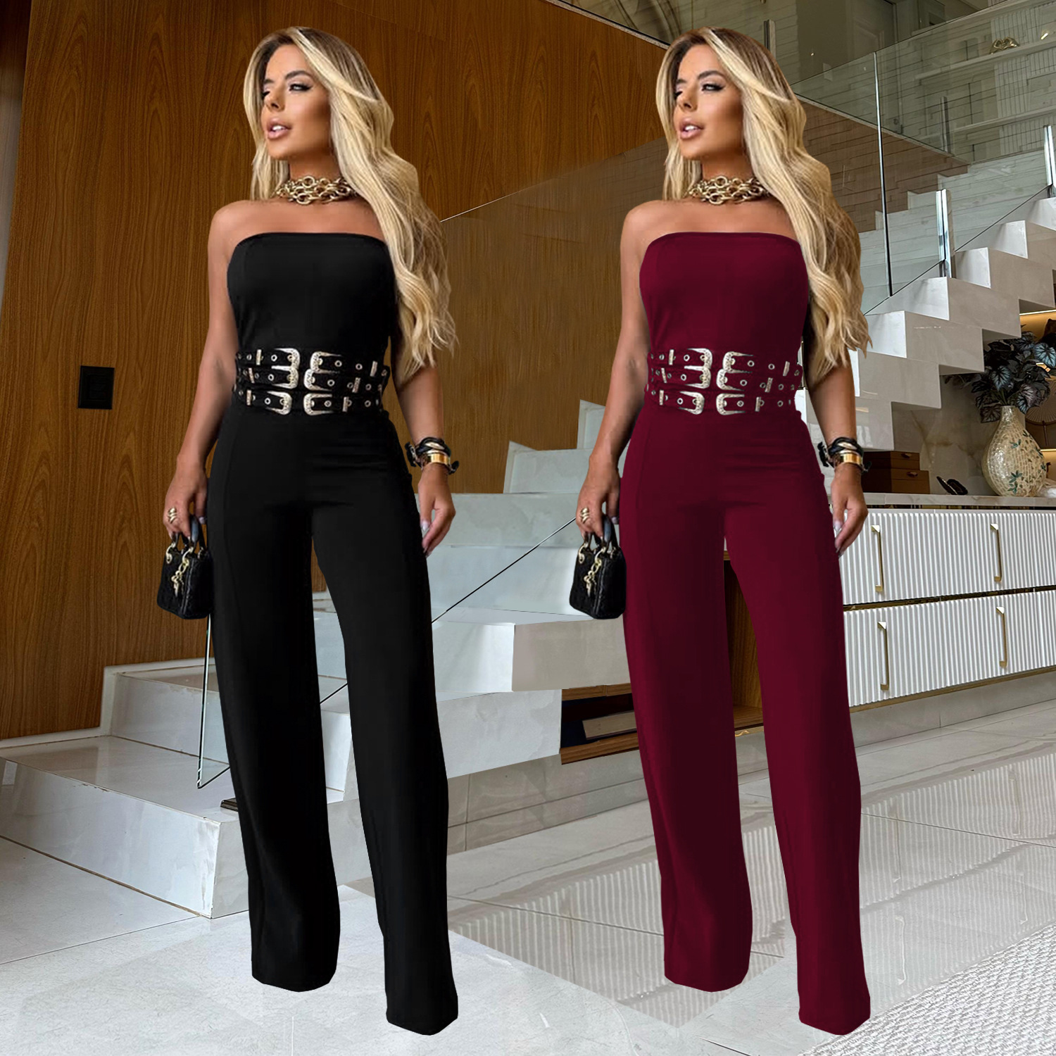 C7483 Aliexpress transfronterizo Amazon Europa y América de moda de mujer casual sexy pantalon de hebilla de metal nuevo