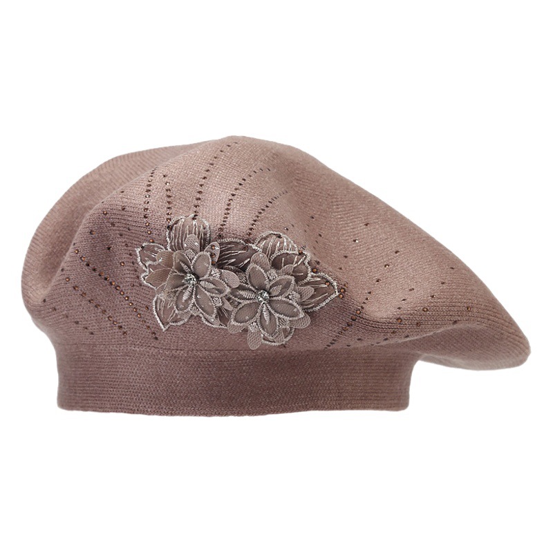 Boina retro británico de moda de las mujeres rhinestone de La Flor de punto pintor sombrero Otoño e Invierno de moda cara de aspecto pequeño sombrero