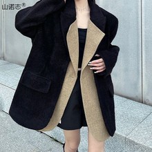黑色加厚毛呢西装外套女冬季新款拼色高级感宽松小个子呢子大衣发