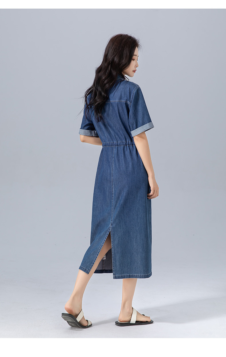 Váy liền dáng dài polo cotton thắt eo dây rút tay ngắn mùa hè — Màu xanh lam chi tiết 24