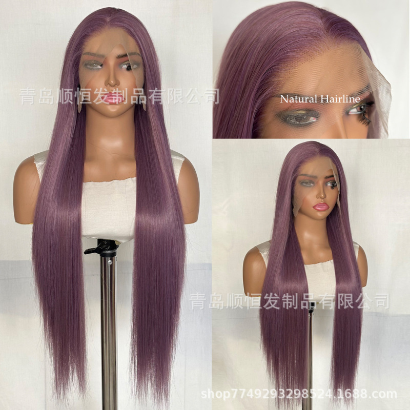 European and American Wig for Women with Long Straight Hair, Lace Front, Hand-Tied Purple Cos, Natural Fluffy Matte High-Temperature Silk, Factory Wholesale European and American Wig for Women with Long Straight Hair, Lace Front, Hand-Tied Purple Cos, Natural Fluffy Matte High-Temperature Silk, Factory Wholesale