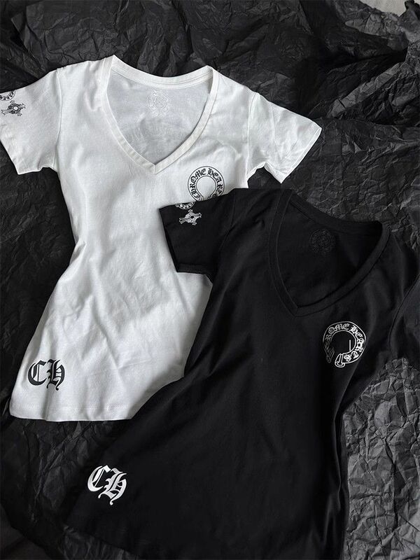 [220g 40 imitation cotton] V-neck printed short sleeve shoulder T-shirt women's slim bottoming shirt top white