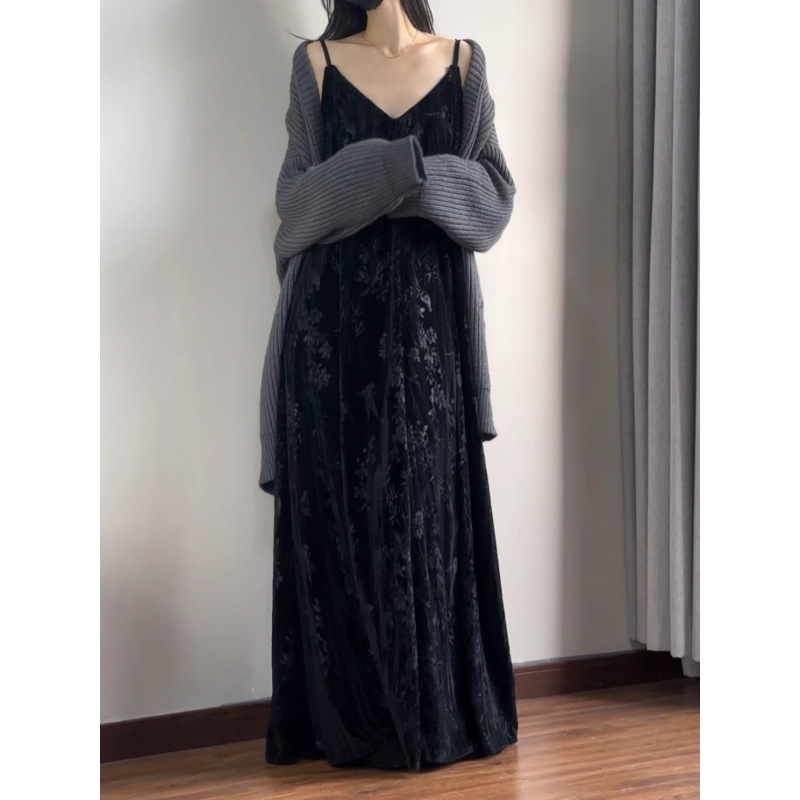 ベルベットワンピースセット 女性用 中国風 レトロプリント キャミソールロングドレス 禅風ニットカーディガン ツーピースセット フライングスリーブ|undefined