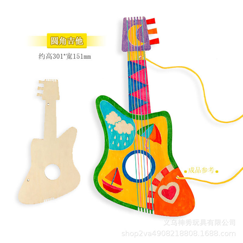 1 niños hechos a mano DIY pintura graffiti blanco en blanco guitarra de madera kindergarten instrumento musical casero pipa material creativo paquete