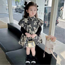 可爱女孩长袖连衣裙2025秋季假两件复古女童旗袍裙泡泡袖儿童短裙