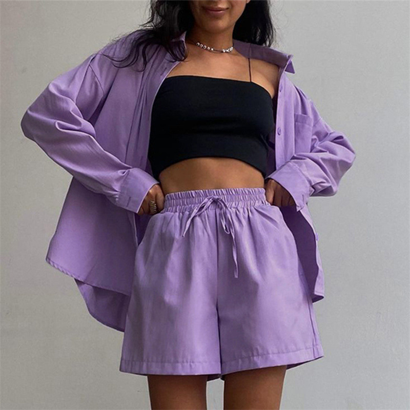 Casual for women's 2024 spring long sleeved shirt top+straight shorts solid color two-piece set_voghion.com