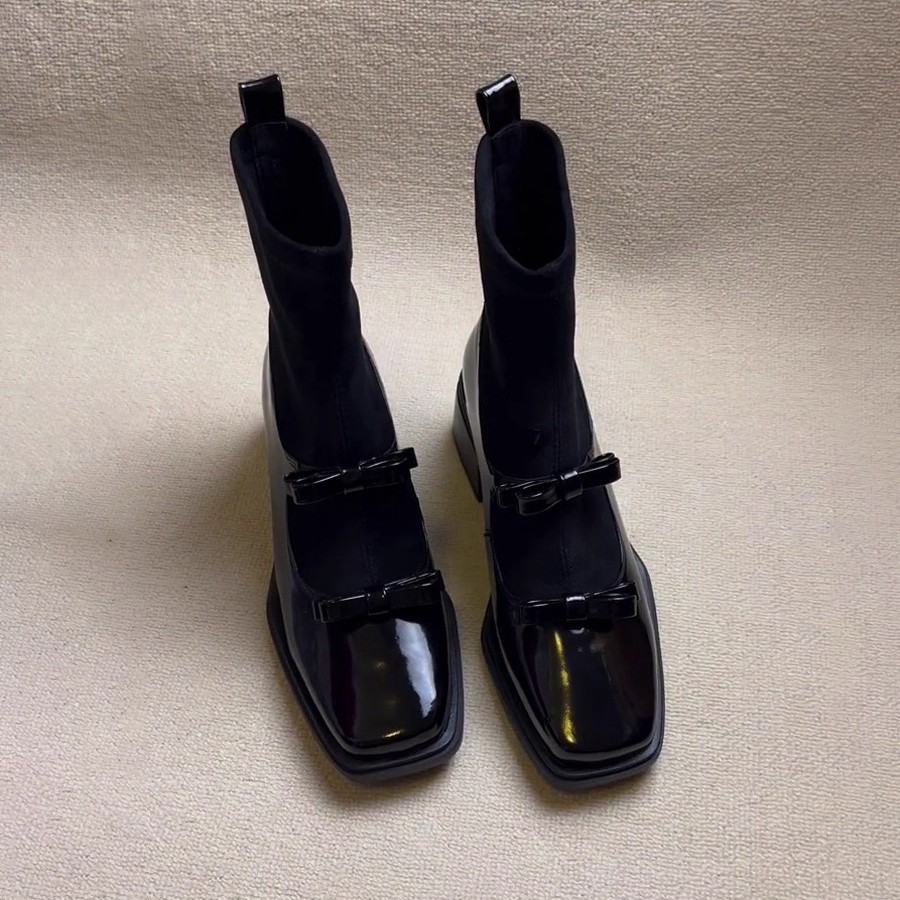 Weiche Lederversion ~ Quadratische Zehenpartie, Retro-Schleife, elastischer, schmaler Patchwork-Mary-Jane-Socken-Stiefel mit klobigem Absatz für schlankmachende Figur_voghion.com