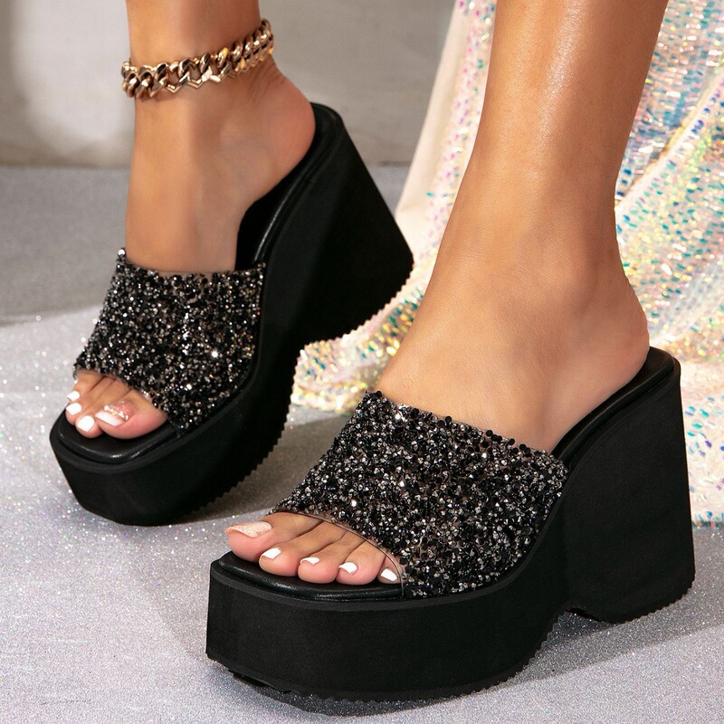 Spring and Summer New Cross-Border Export Wedge Heel Thick-Soled Rhinestone Waterproof Platform Platform Platform Fashion 10cm Women's Sandals and Slippers