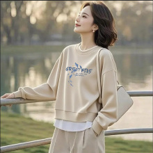 外贸剪标大牌出口纯棉假两件时尚长袖卫衣女秋装百搭显瘦拼色上衣