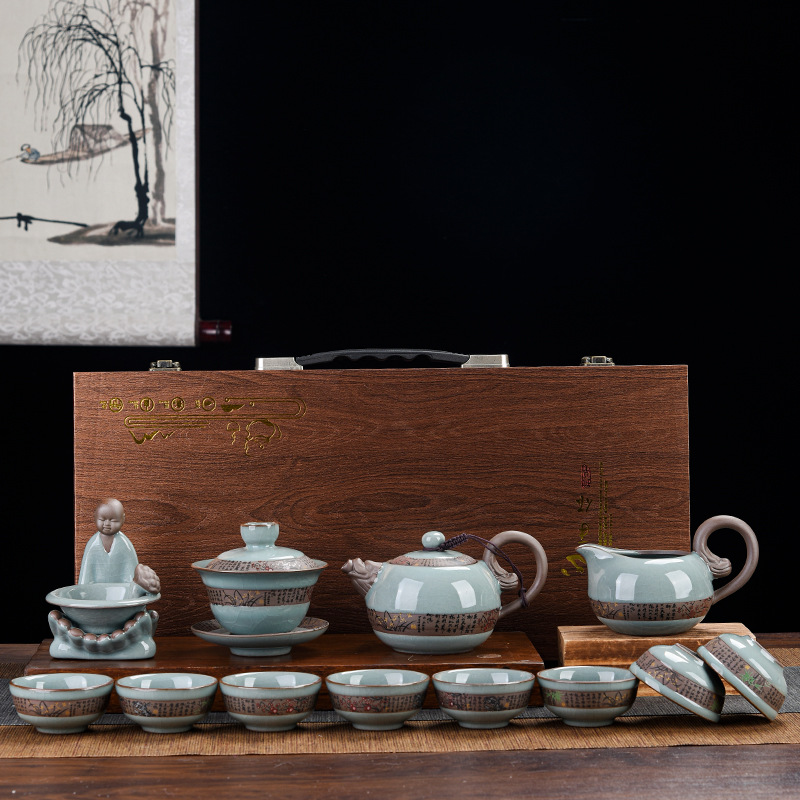 Gong Kiln Ru Kiln Ceramic Gongfu Tea Set with Logo, Business Meeting Festival Event Gift Tea Set Wholesale