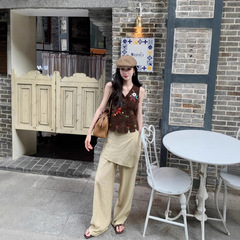 フランスのレトロな民族風の小さい大衆のベストの婦人服の高い腰のまっすぐな筒の偽の2つのカジュアルな広い足のズボンの2つのセット