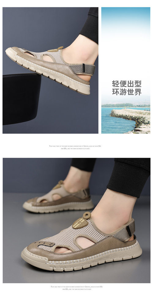 Giày sandal nam thân lưới dệt thoáng khí khoét lỗ, khóa dán, kiểu bao đầu, đi học và đi chơi mùa hè — Màu kaki, màu đen chi tiết 17