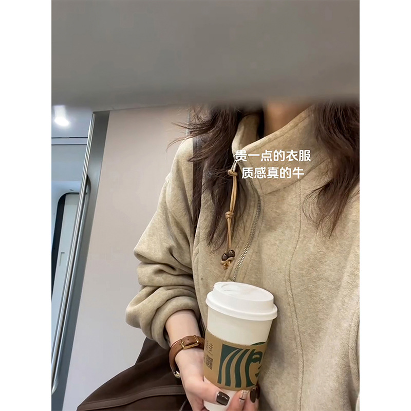 Half-Zip High-Neck Sweatshirt for Women 2025 New Autumn and Winter Velvet Thickeneded Loose Lazy Style Pullover Hooded Top