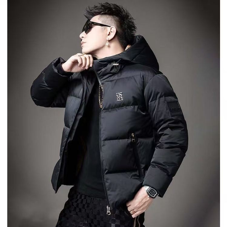 欧洲站正品轻奢男士仿丝绵服保暖简约加厚短款连帽外套防寒服男潮