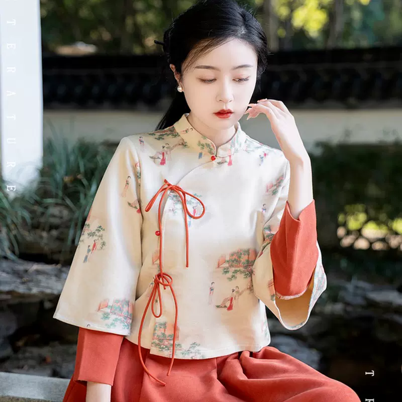 2024春秋新款中式复古国风仕女印花鹿皮绒唐装改良汉服禅茶服套装