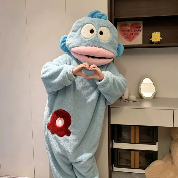 Ugly Fish Hanton Pajamas One-Piece Coral Fleece Autumn and Winter Thickened Warmth Cartoon Sleepwear Homewear Can Be Worn Outside