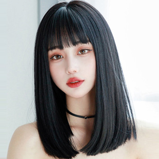 Lisa same style cartoon neat bangs black medium long straight hair Ruili cute fashion whole wig headgear