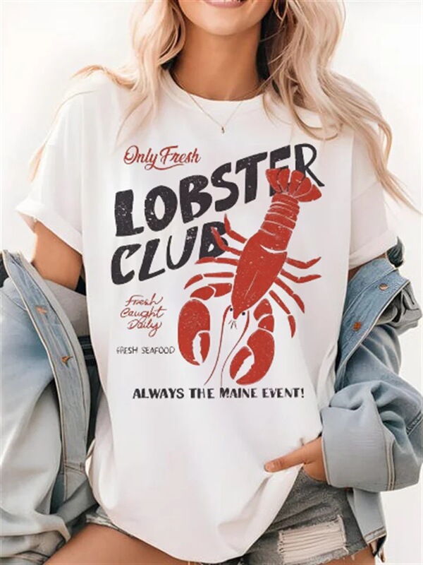 Holiday Travel Fashion T-Shirt Street Print Lobster Club Cute O-Neck Women's Casual Summer Short-Sleeved White T-Shirt Holiday Travel Fashion T-Shirt Street Print Lobster Club Cute O-Neck Women's Casual Summer Short-Sleeved White T-Shirt