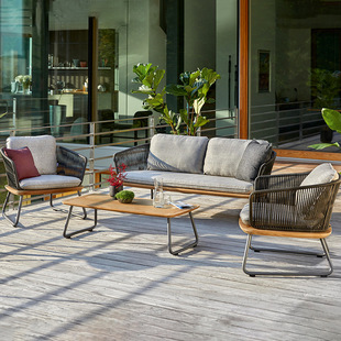 Nordic Outdoor Teak Rattan Sofa Outdoor Leisure Villa Garden Balcony Waterproof Rattan Teak Furniture Combination