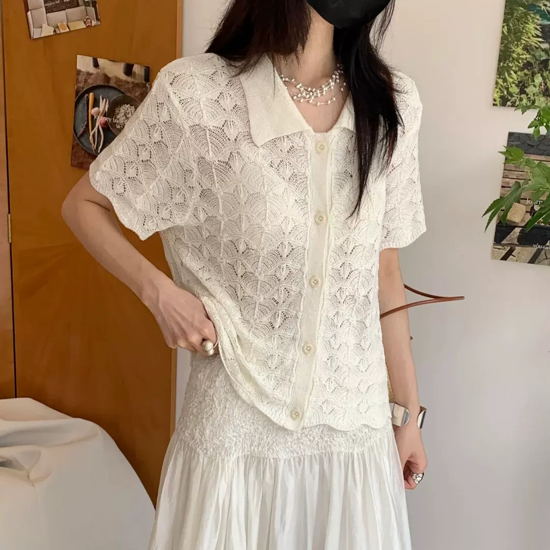 25早秋新款单排扣翻领提花针织短袖上衣钩花镂空POLO衫白色小开衫