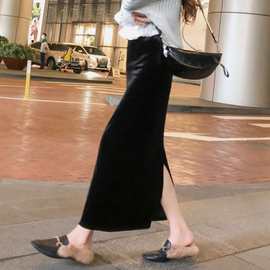 2022秋冬韩版中长款高腰显瘦开叉包臀裙胖MM纯色大码简约A字裙女