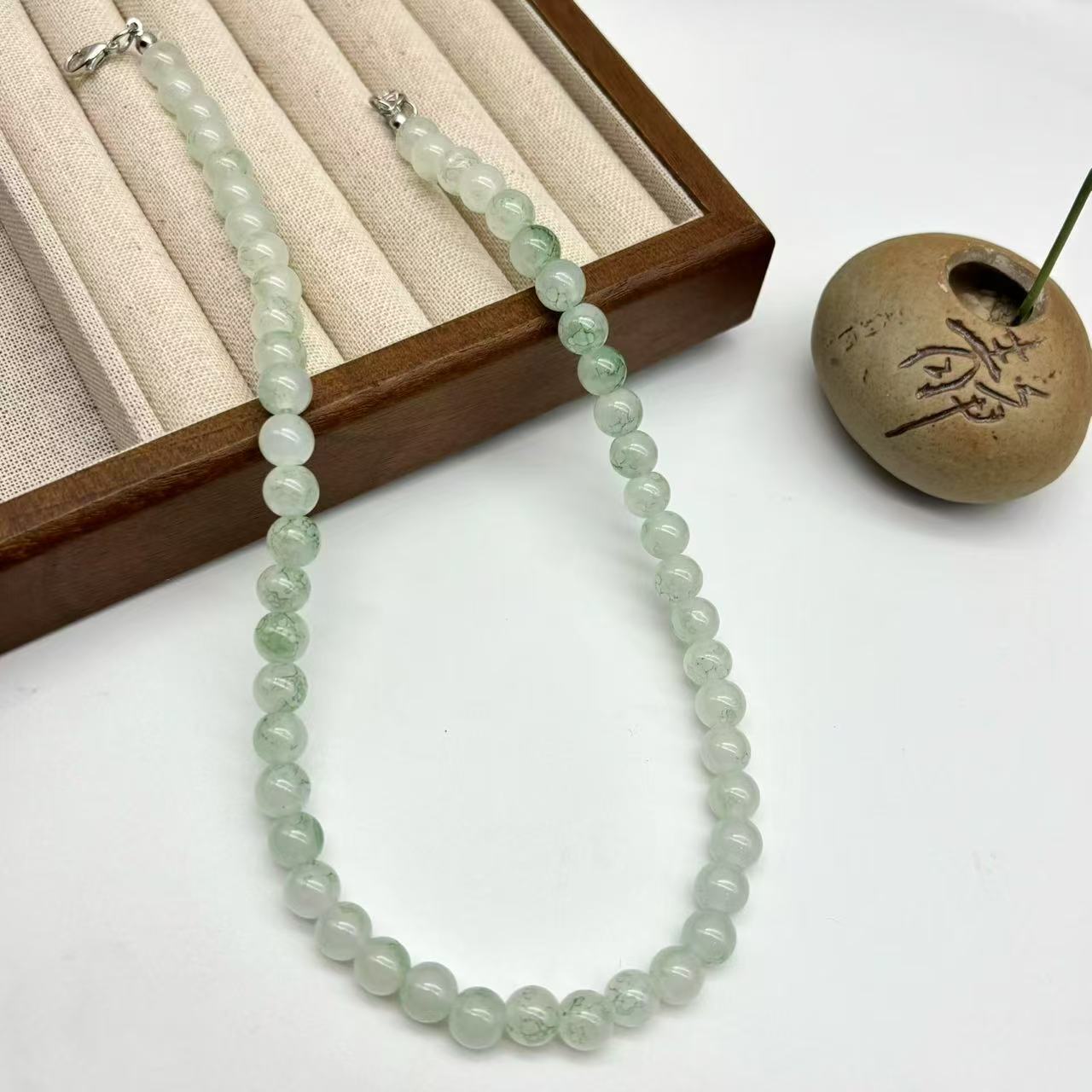 仿白玉单圈手串碧绿108颗佛珠长款项链男女同款项链直播地摊福利