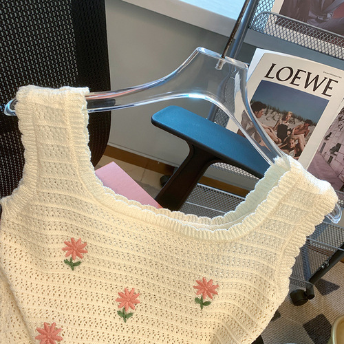 Forest Girl Style Small Flower Embroidered Knitted Backless Top for Women, Summer Outerwear Crochet Lattice Straps Sweet and Spicy Trend Short-Sleeve Tank Top