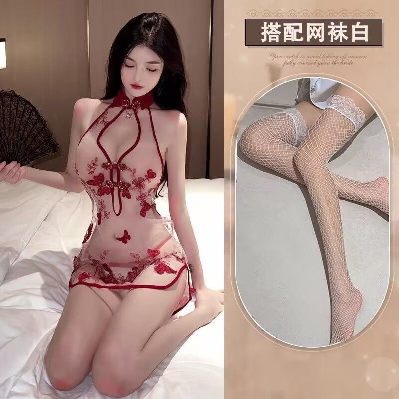 버건디 옥나비 (치파오+속옷) + 흰색 망사스타킹