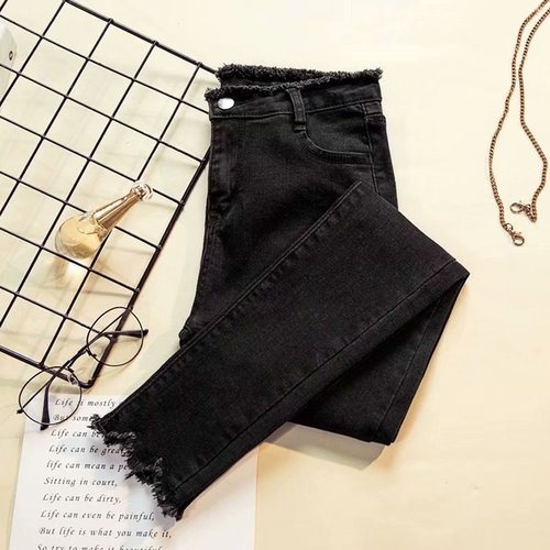 Women's Black High-Waisted Cropped Skinny Pencil Jeans, Korean-Style, Slimming & Versatile with Stretchability