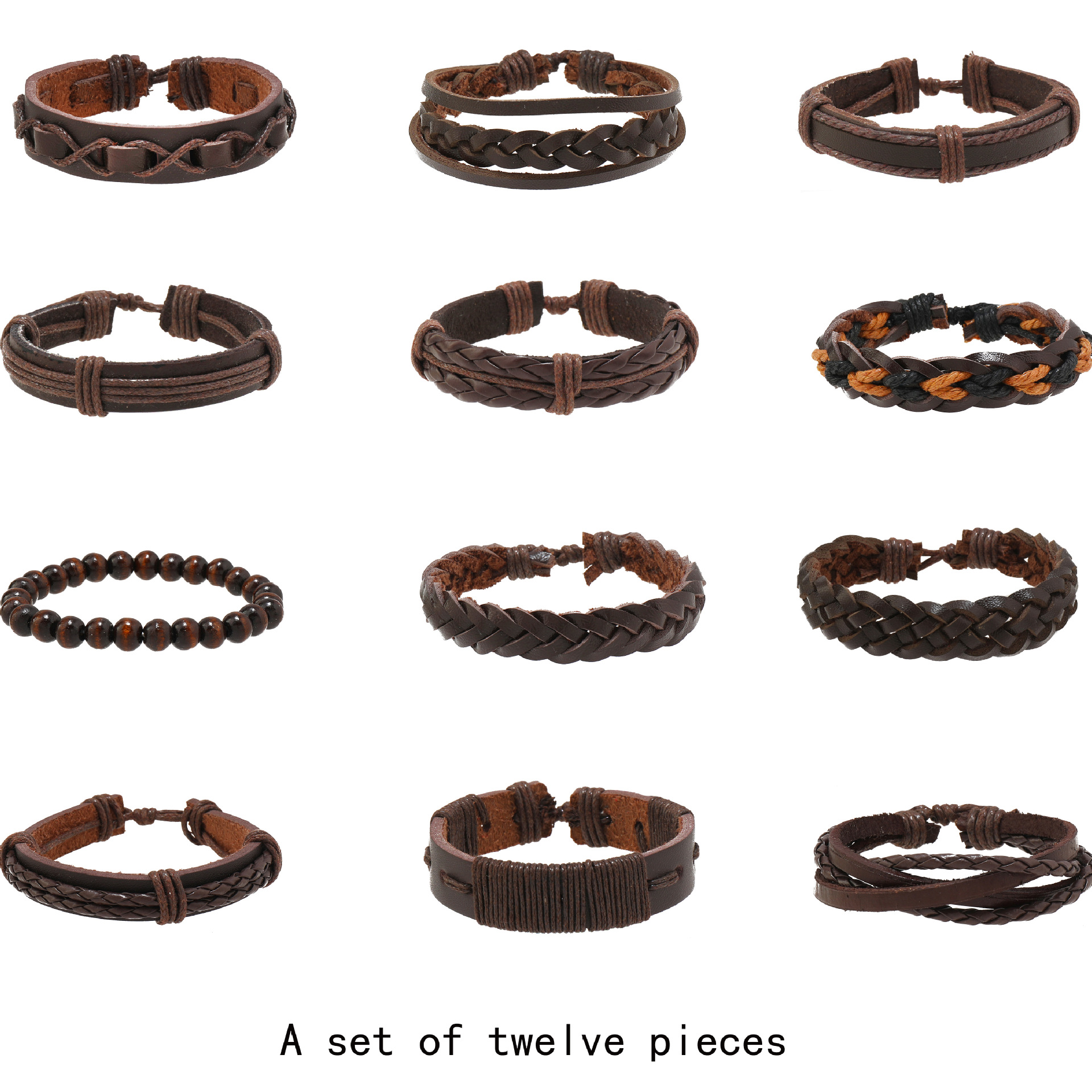 欧美跨境饰品潮流个性男士手饰真牛皮编织手链多根批发厂家直销