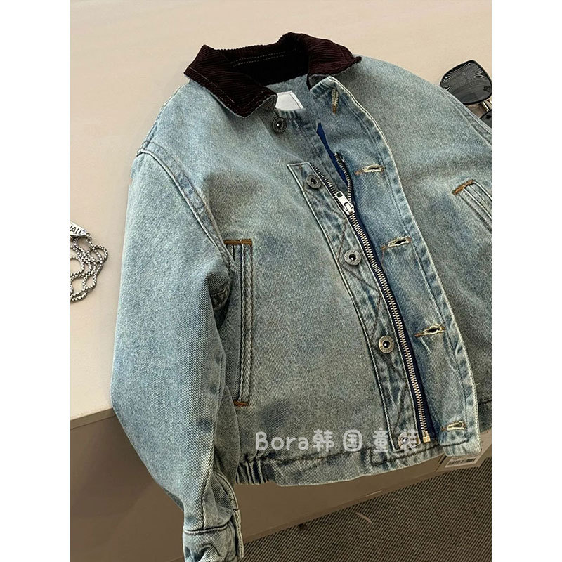 (2개) 소년 코트 두꺼운 어린이 데님 재킷 옷깃 2024 년 가을과 겨울 새로운 빅 보이 소녀의 블루 탑 트렌디