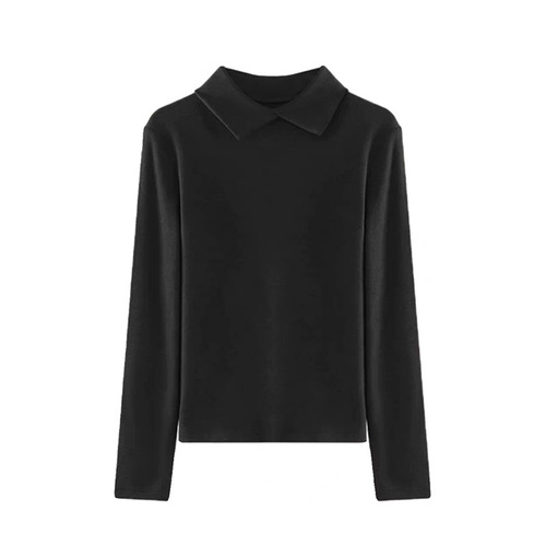 Stylish Youthful Slimming Black Fleece Long-Sleeve Base Shirt for Autumn/Winter Versatile Innerwear Slim Fit Polo Collar Women
