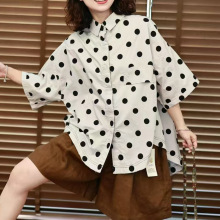 棉质短袖翻领波点大码衬衫女设计感新款日系文艺开衫翻领衬衣女
