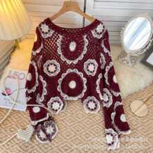 早秋设计感镂空钩花针织衫女新款辣妹洋气小个子宽松百搭长袖上衣